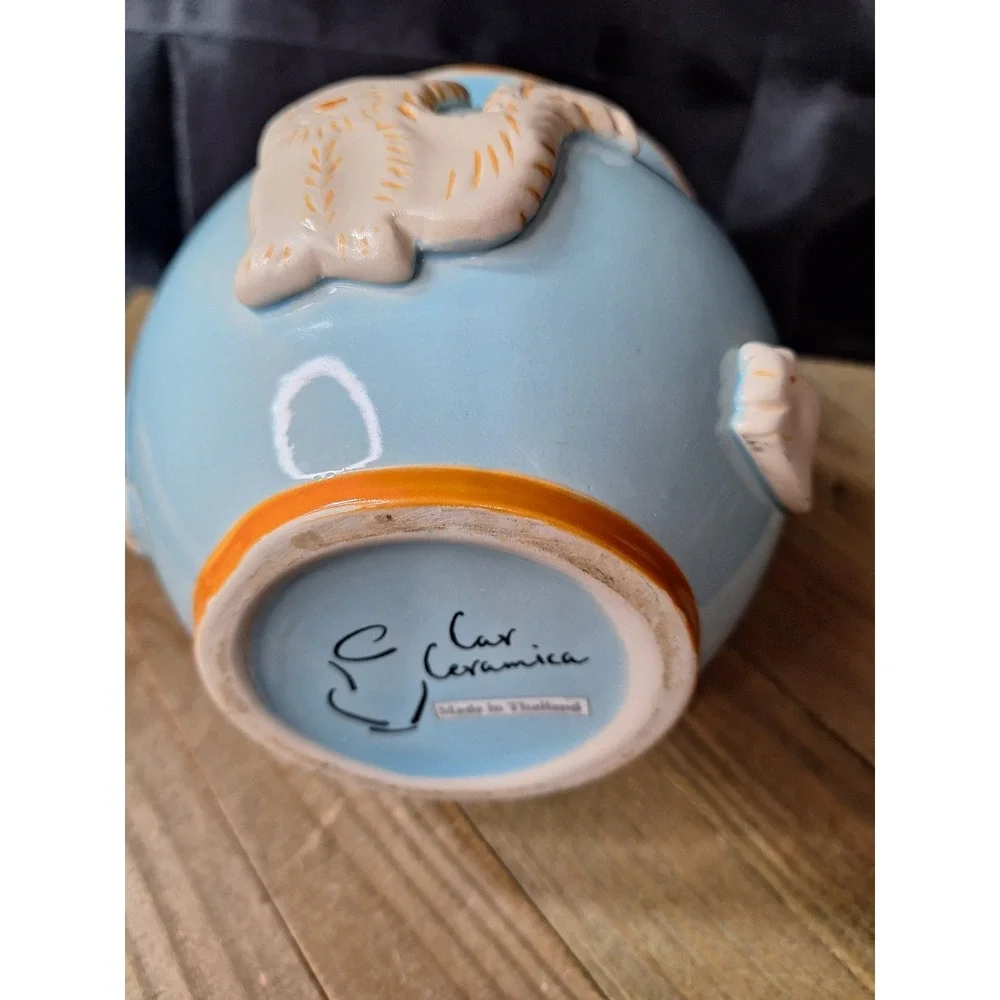 Car Ceramica Blue Cat Treat Jar Meow Lid 3D Relief Fish Bone Bird Stoneware